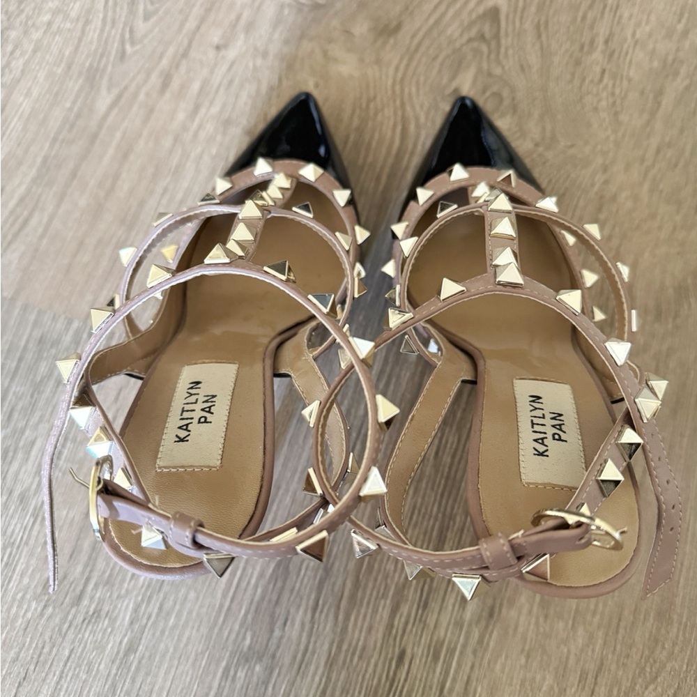 Kaitlyn Pan Patent Black/Nude Studded Pointed Heels - Picture 3 of 4